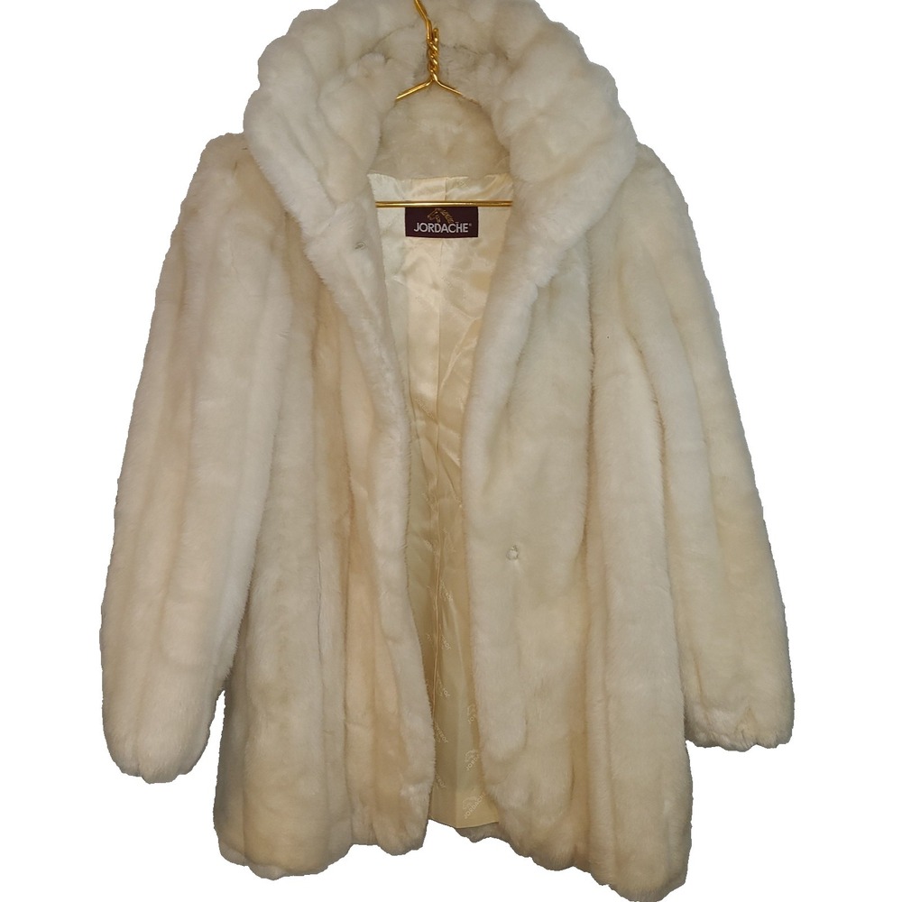 Vtg Jordache Faux Fur Coat Cream Ribbed Mid Length Jacket Women's 11/12 USA CHIC